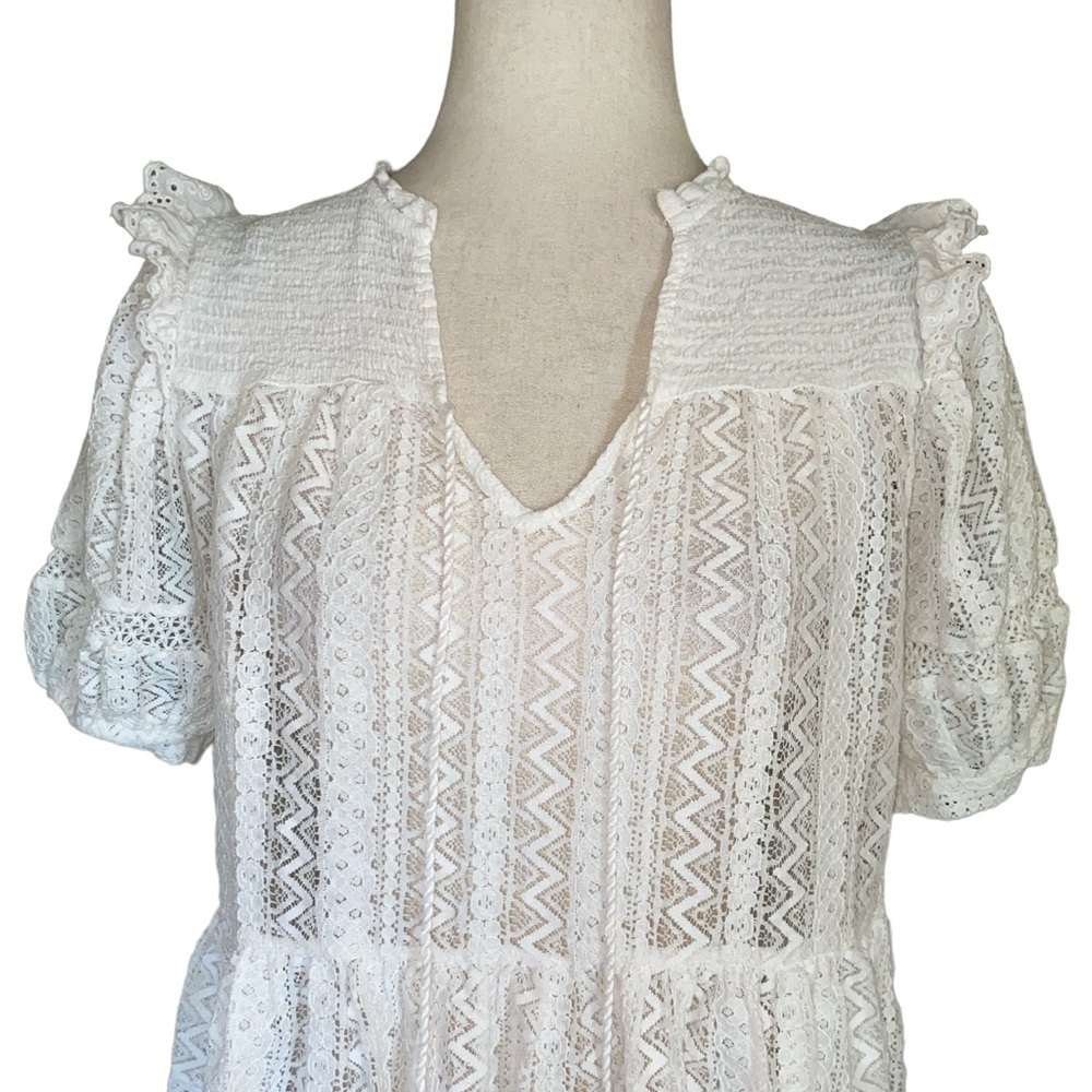 Mango MNG White Eyelet Lace Smocked Ruffle Tie Front Tassel Cropped Blouse - XS - Picture 3 of 9